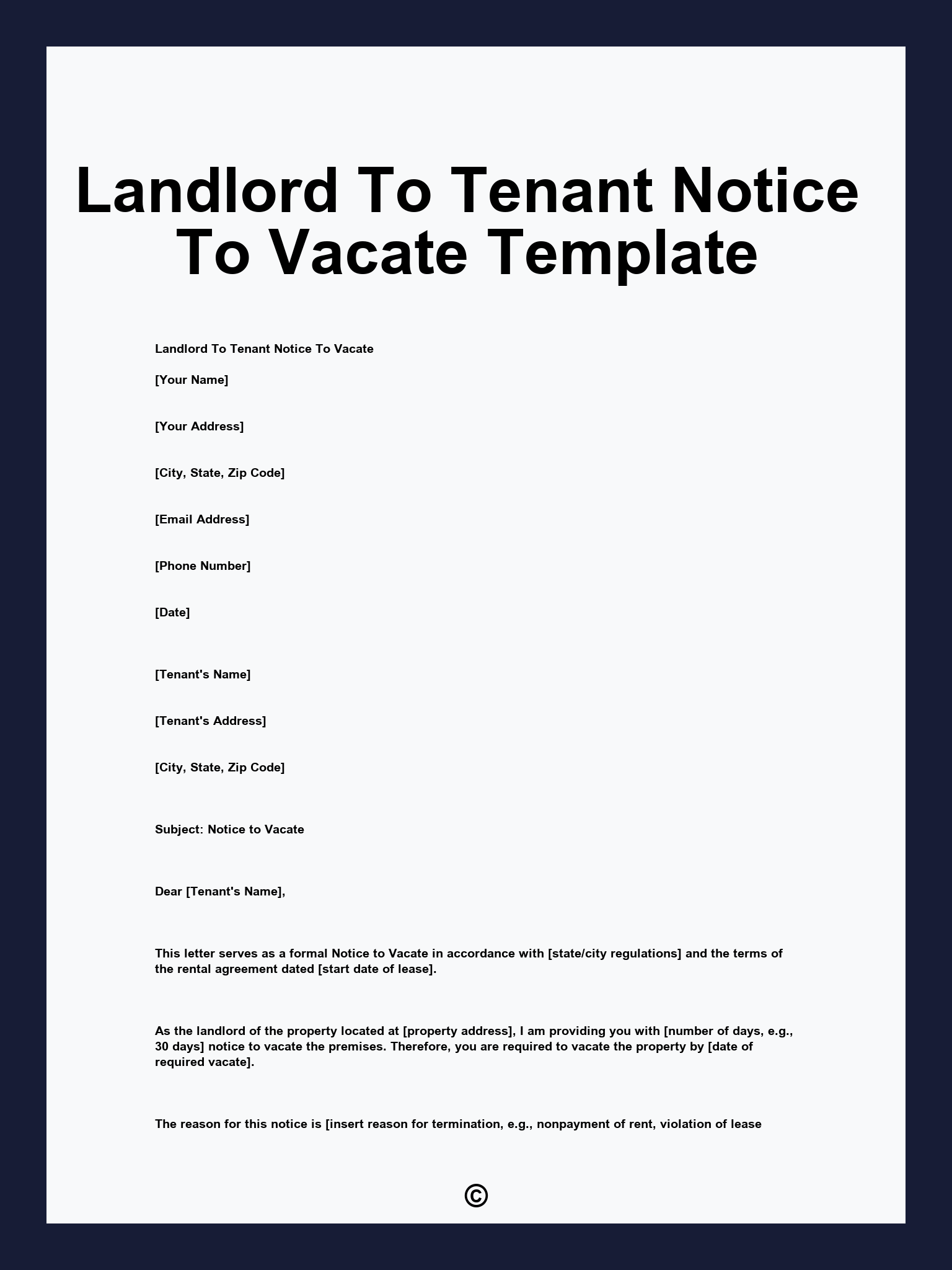 Landlord To Tenant Notice To Vacate Template