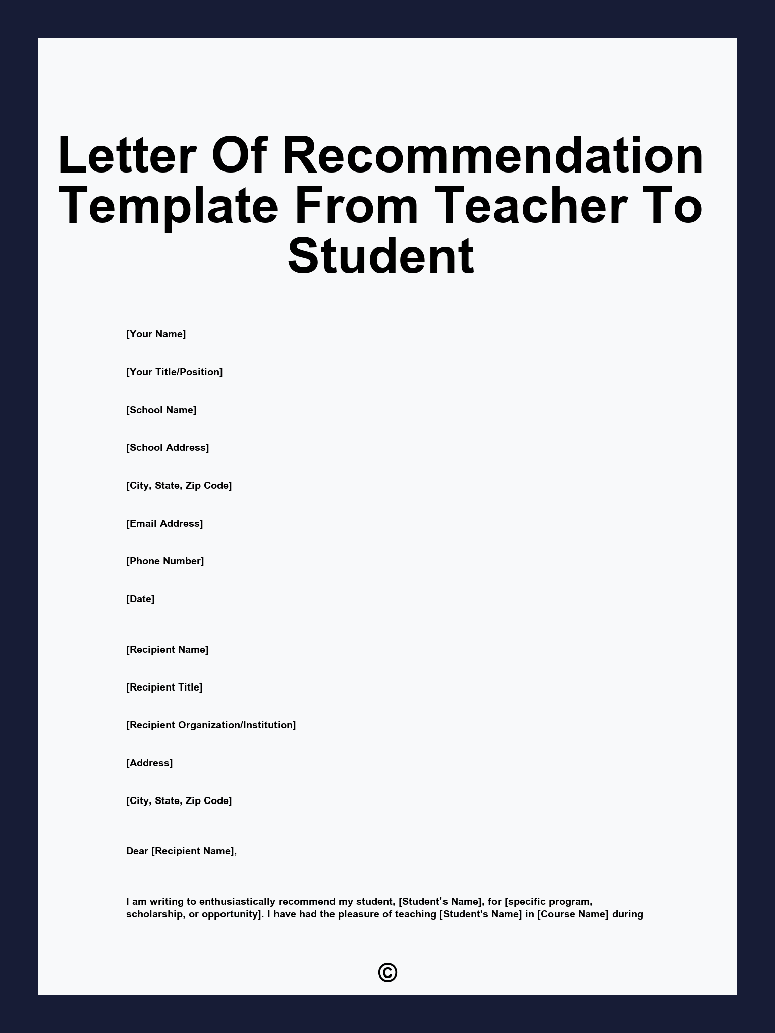 Letter Of Recommendation Template From Teacher To Student